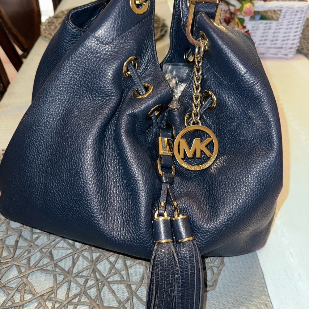 Michael Kors Navy Blue Shoulder Bag with Gold Accents